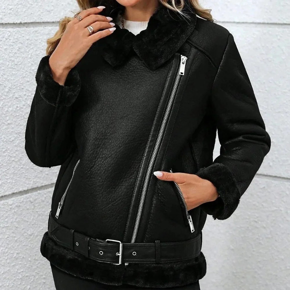 Black Casual Women's Faux Leather Winter Jacket - Picture 3 of 4
